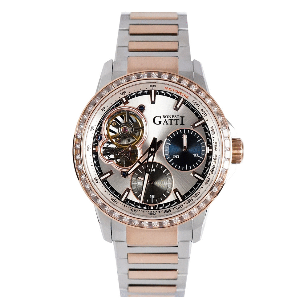 【Bonest Gatti 布加迪】BG8802 時尚 潮流 真兩眼 晶鑽錶圈 雙面鏤空 夜光 日期 機械錶 (附品牌精美賽車禮盒)