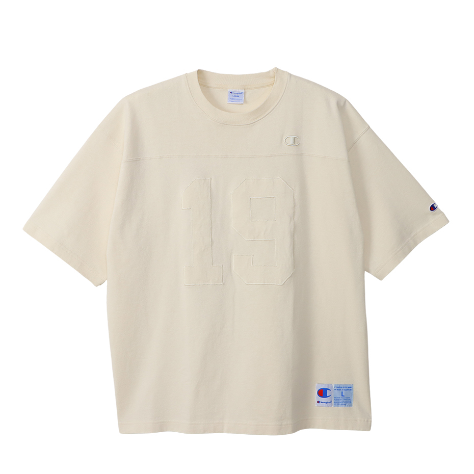 男款-AS厚磅 拼接 刺繡 寬版短袖 T恤-象牙（C3-B317-033）