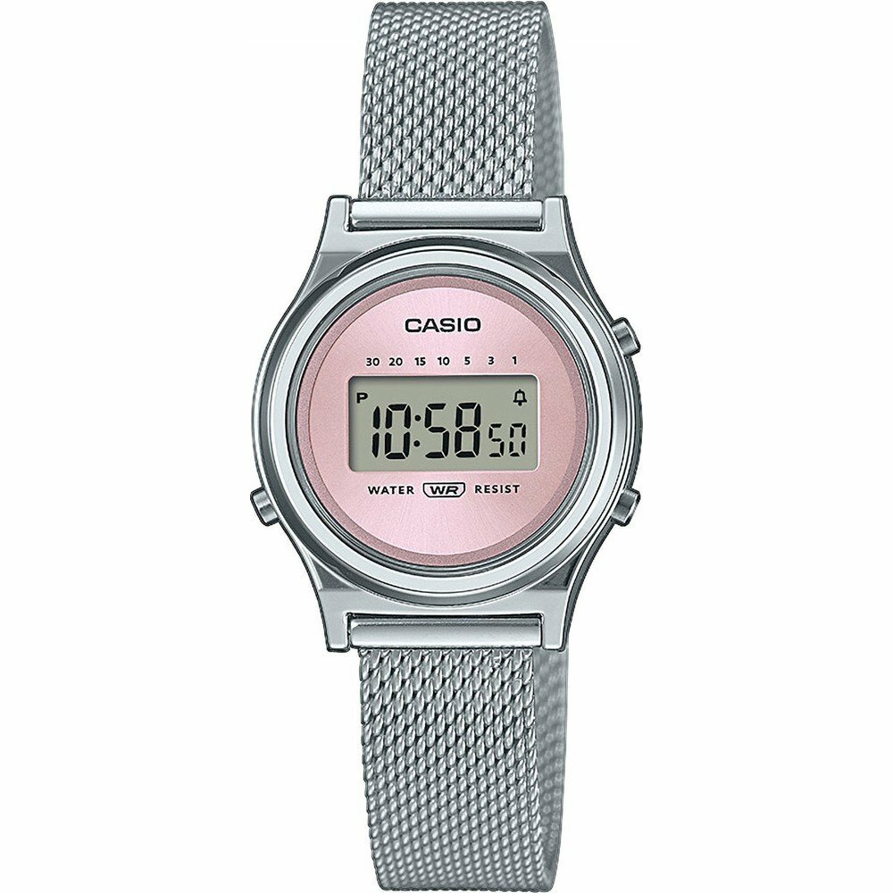 CASIO LA700WEM-4A 女裝細錶面 銀色 粉紅色面 米蘭織網錶帶 復古跳字錶