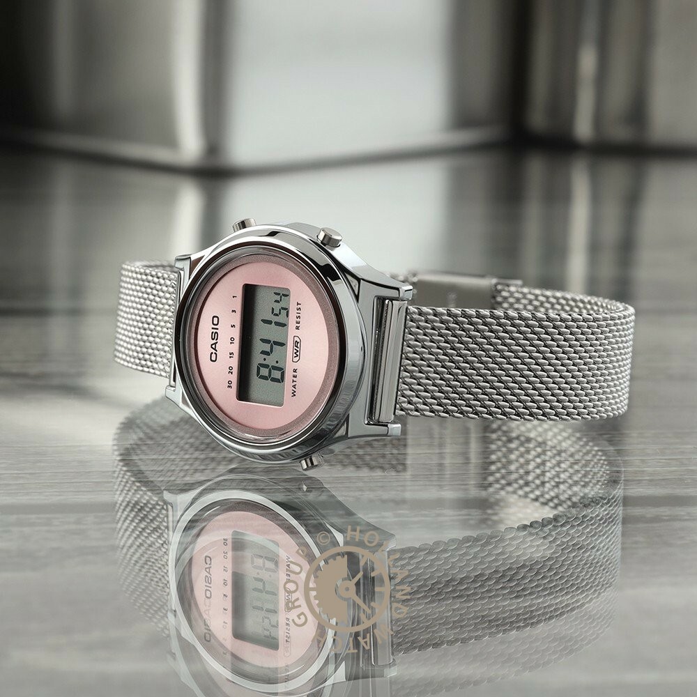 CASIO LA700WEM-4A 女裝細錶面 銀色 粉紅色面 米蘭織網錶帶 復古跳字錶