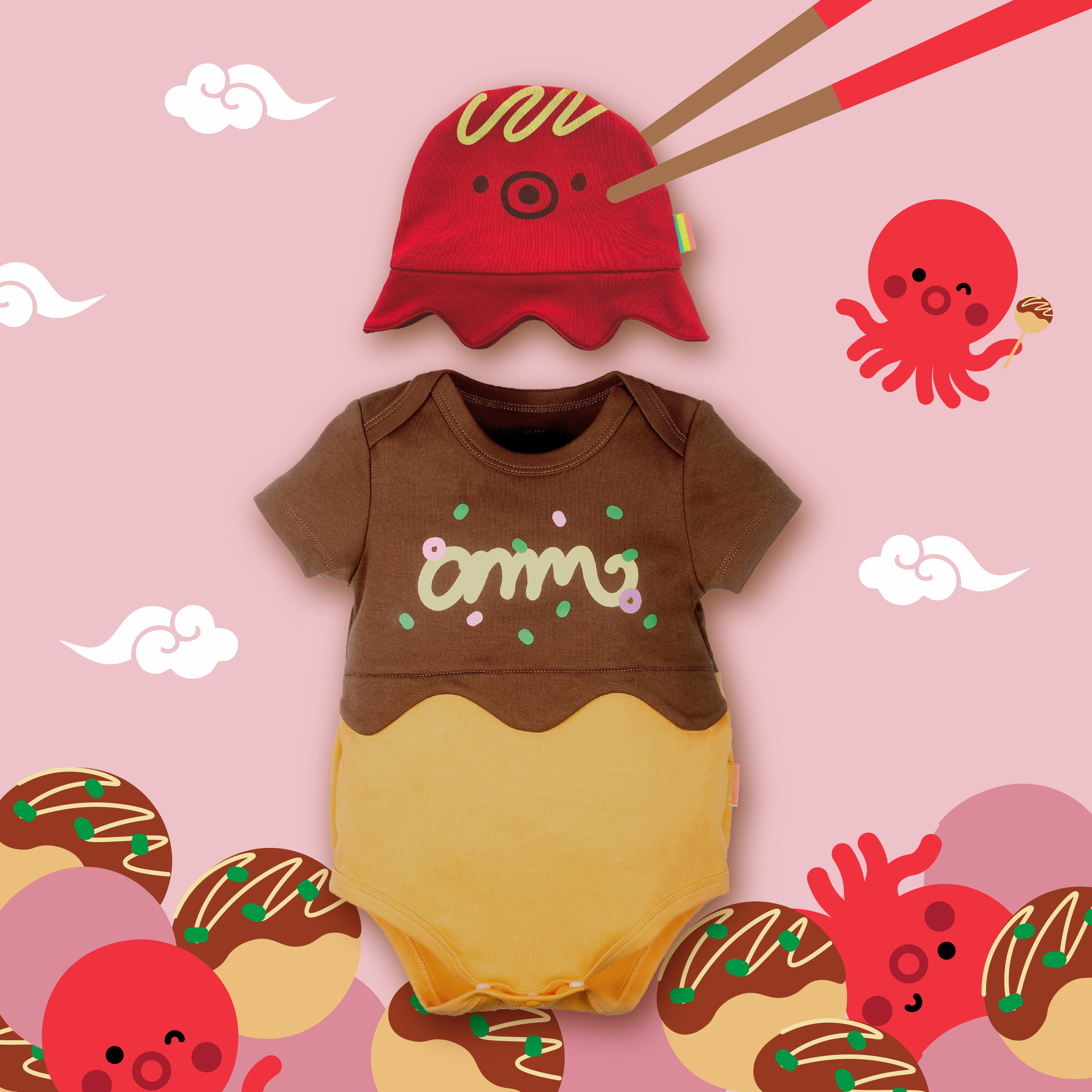 OMYMONSTER 蔥明章魚小丸子造型款包屁衣連帽