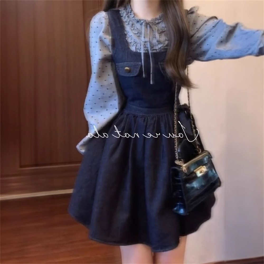 Retro Polka Dot Blouse & Denim Dress Set