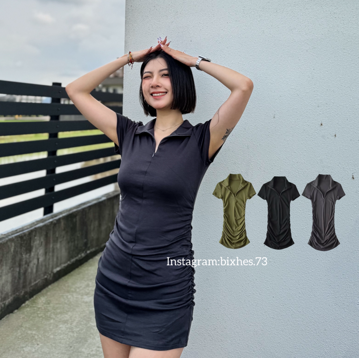 拉鍊抓皺短袖連身裙(D00051)