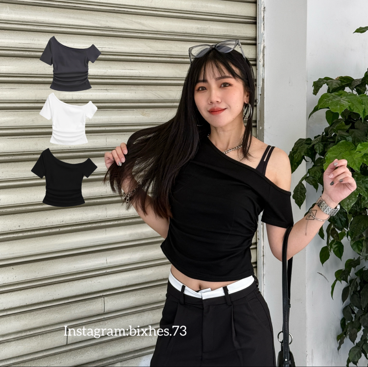 修身抓皺斜肩短袖短版T(A00103)