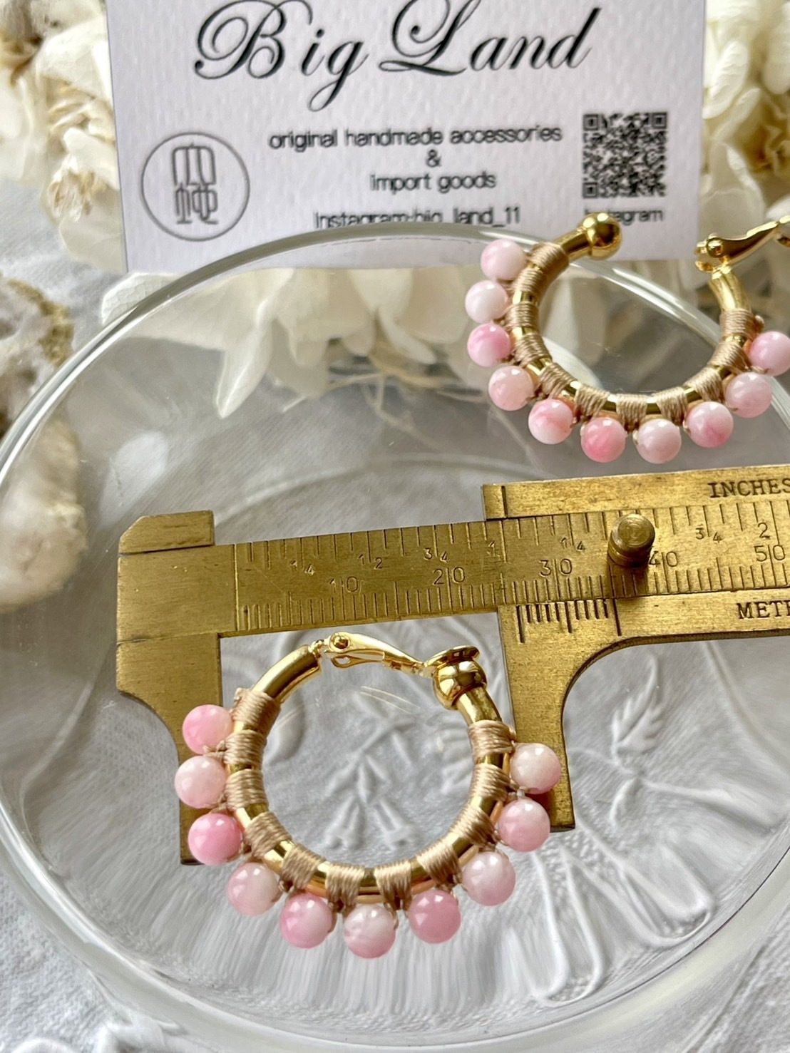 [Big Land] 粉櫻玉石耳環 | 2.5cm 耳夾 | NO.359