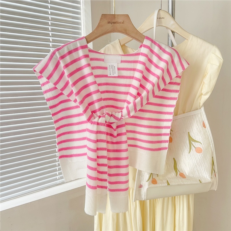 細條紋綁帶式針織披肩 七色