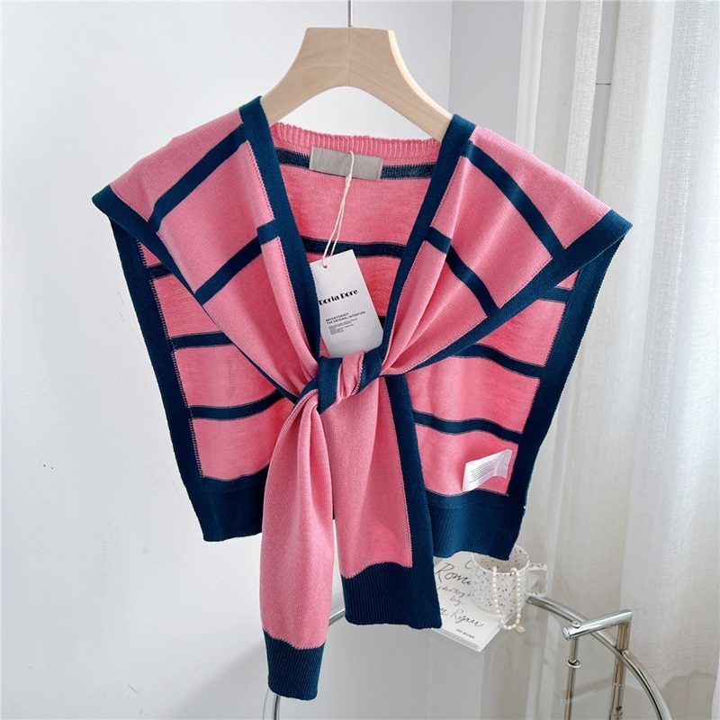 條紋框綁帶式針織披肩 七色