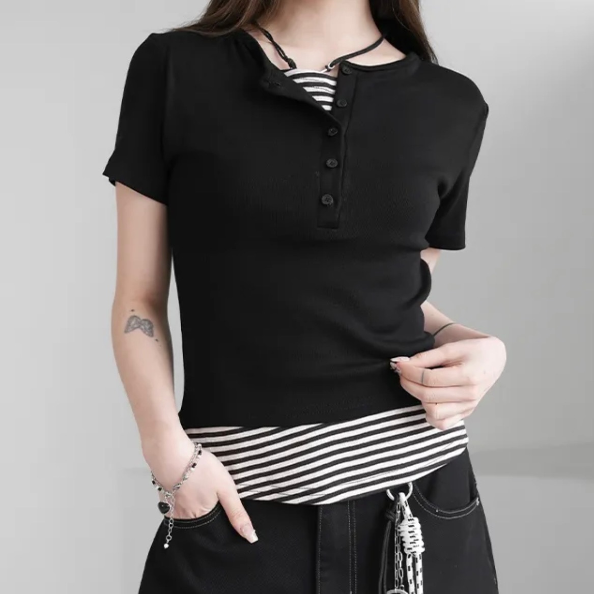 【優惠預訂】韓國拼接Hanley短袖TEE（7色）