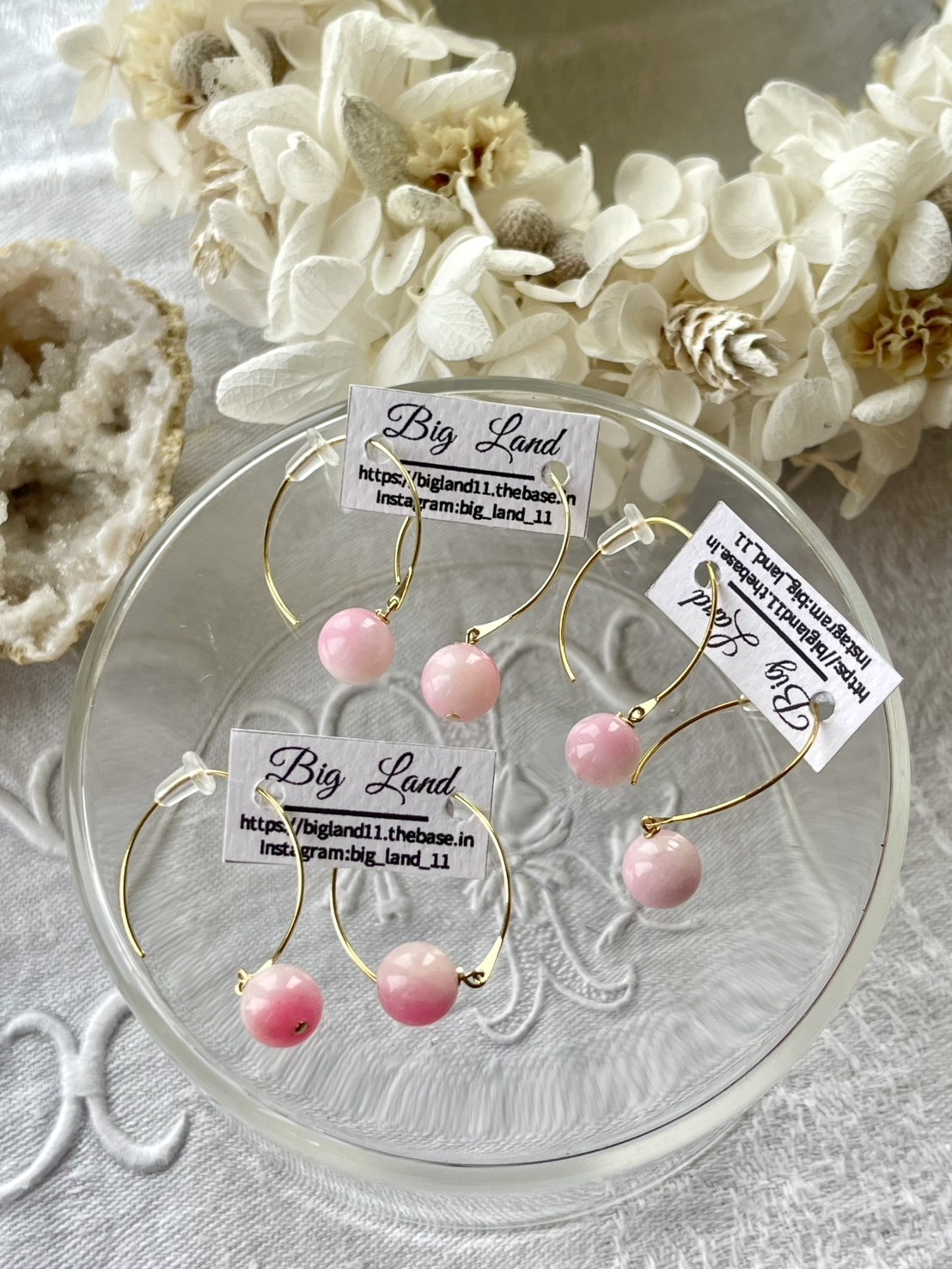 [Big Land] 粉櫻玉石耳環 | 黃銅耳針 | NO.367