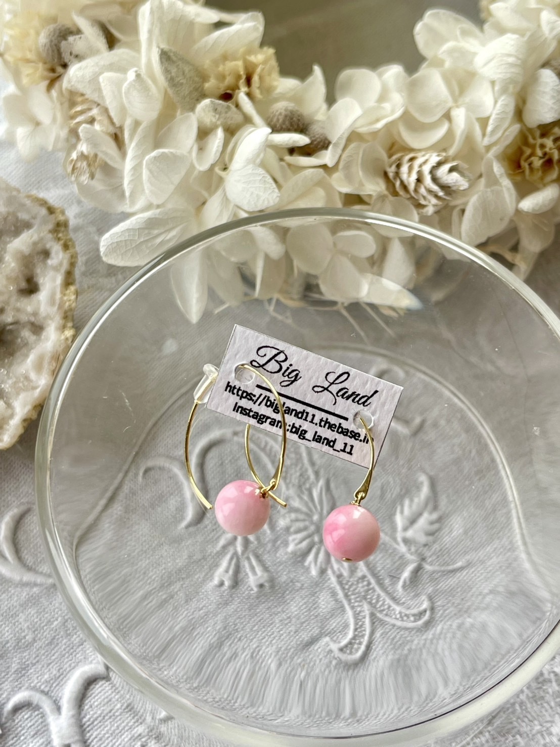 [Big Land] 粉櫻玉石耳環 | 黃銅耳針 | NO.367