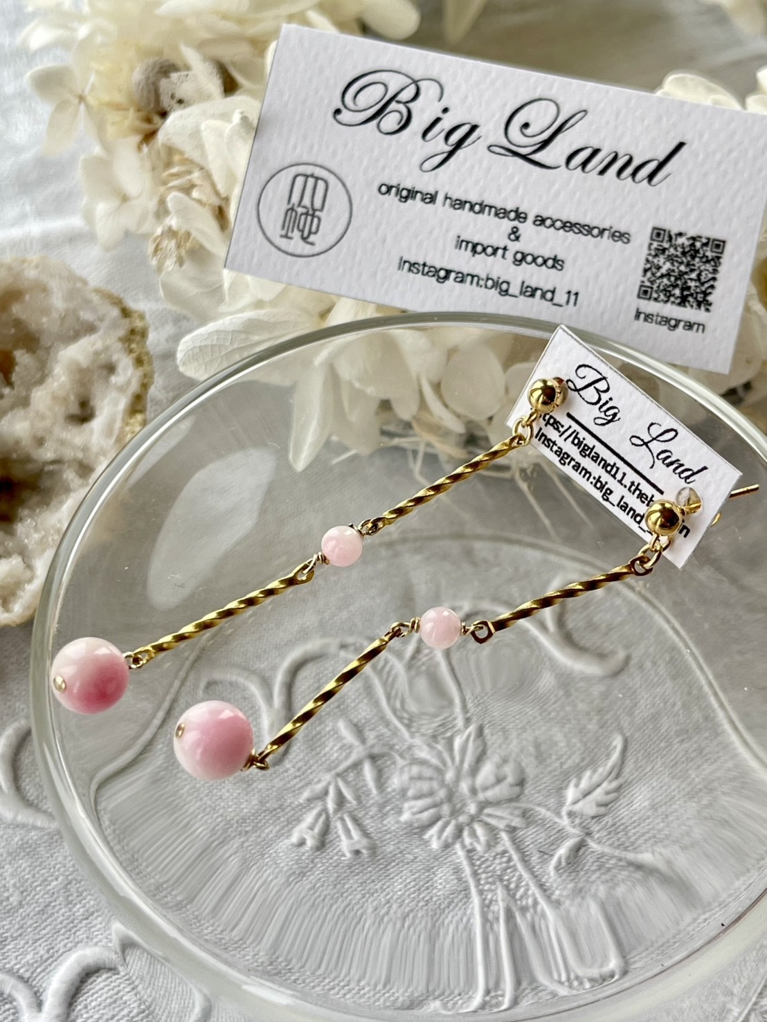 [Big Land] 粉櫻玉石耳環 | 二重長鏈醫療鋼耳針 | NO.368