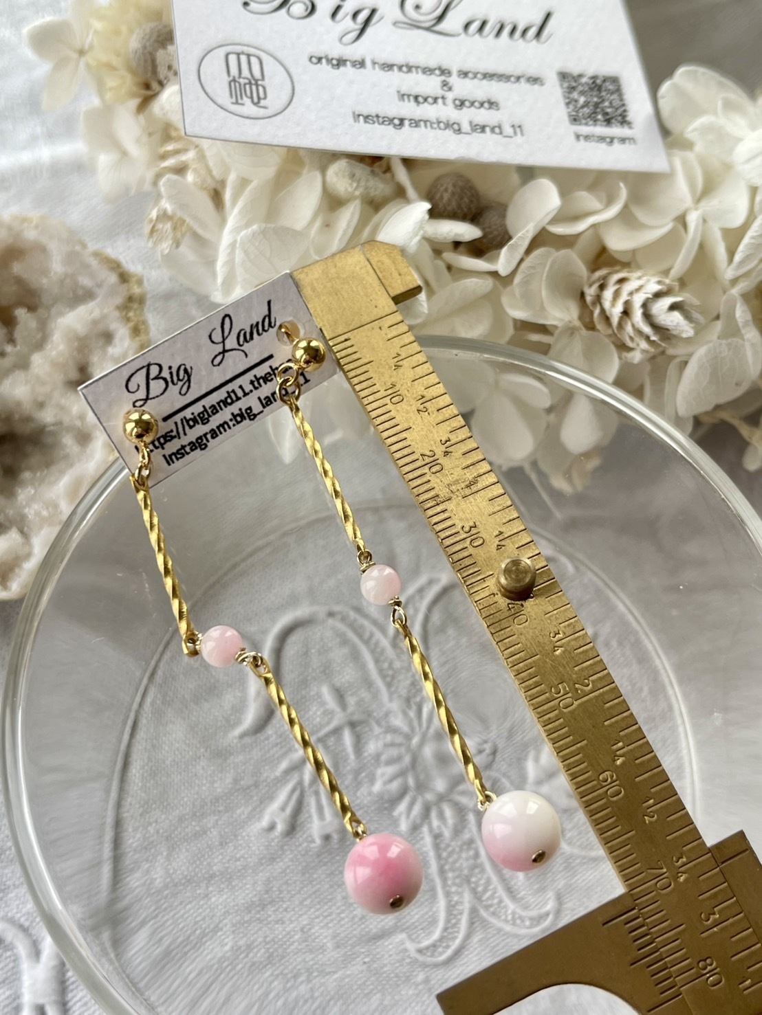 [Big Land] 粉櫻玉石耳環 | 二重長鏈醫療鋼耳針 | NO.368