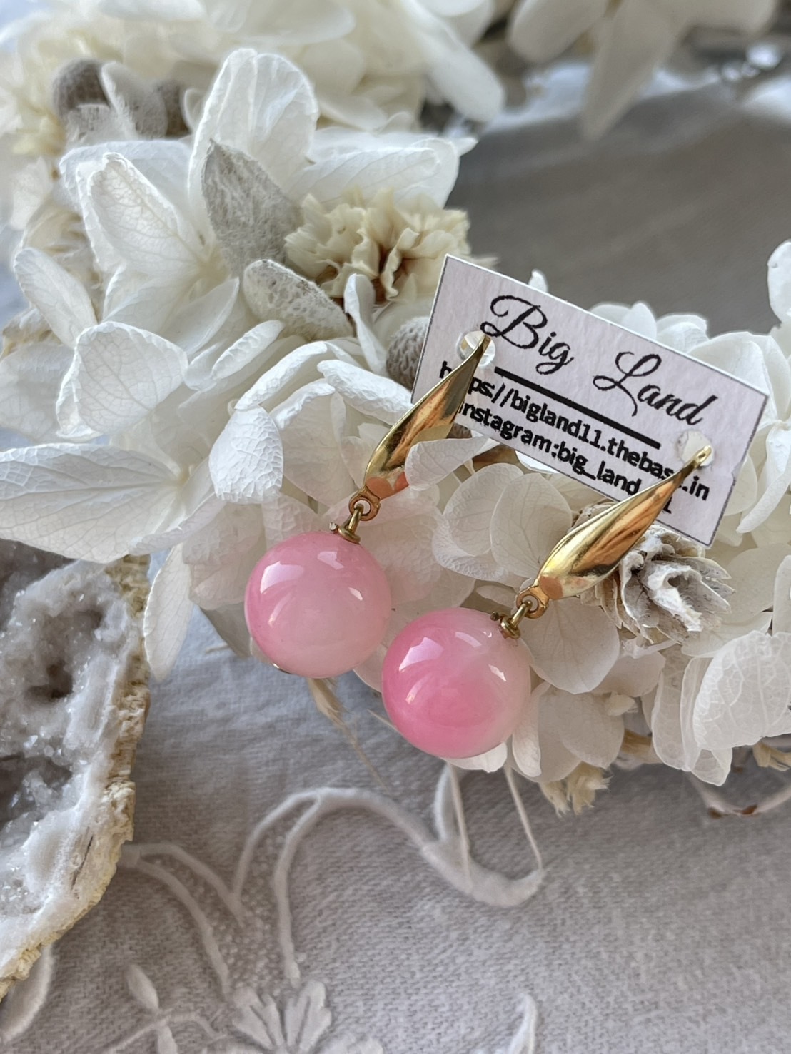 [Big Land] 粉櫻玉石耳環 | 1.2cm 簡約醫療鋼耳針 | NO.369