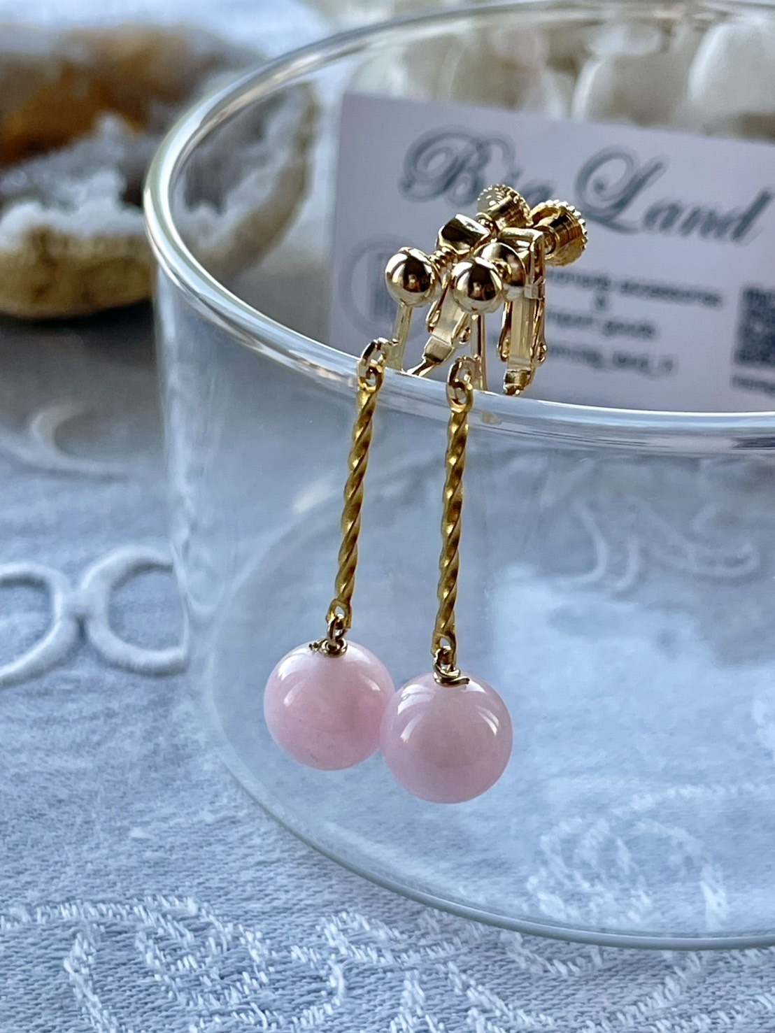 [Big Land] 粉櫻玉石耳環 | 長鍊耳夾 | NO.372