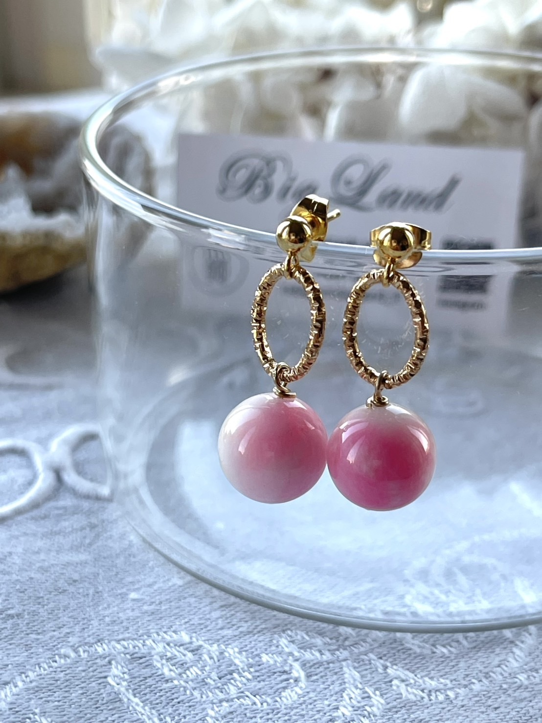 [Big Land] 粉櫻玉石耳環 | 1.2cm 醫療鋼耳針 | NO.373