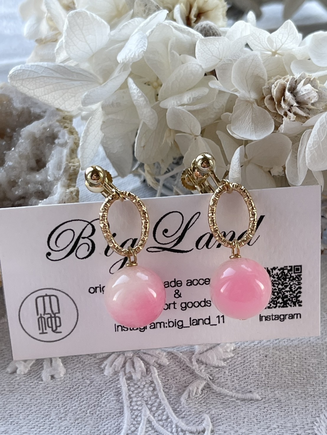 [Big Land] 粉櫻玉石耳環 | 1.2cm 耳夾 | NO.374