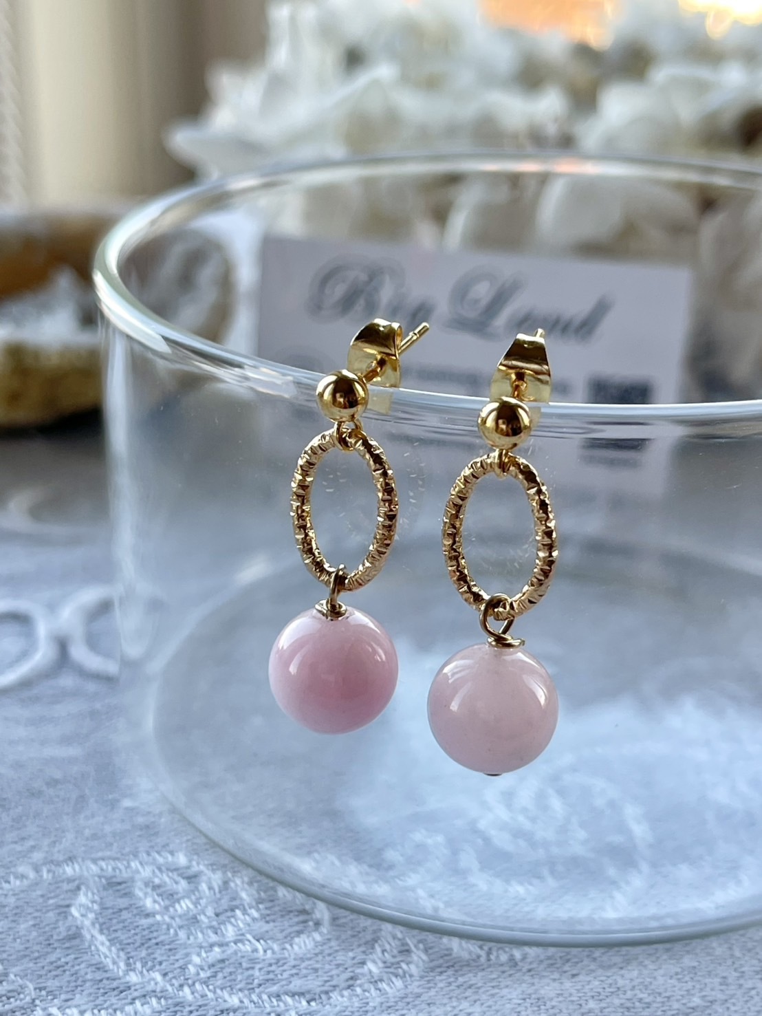 [Big Land] 粉櫻玉石耳環 | 1cm 醫療鋼耳針 | NO.375