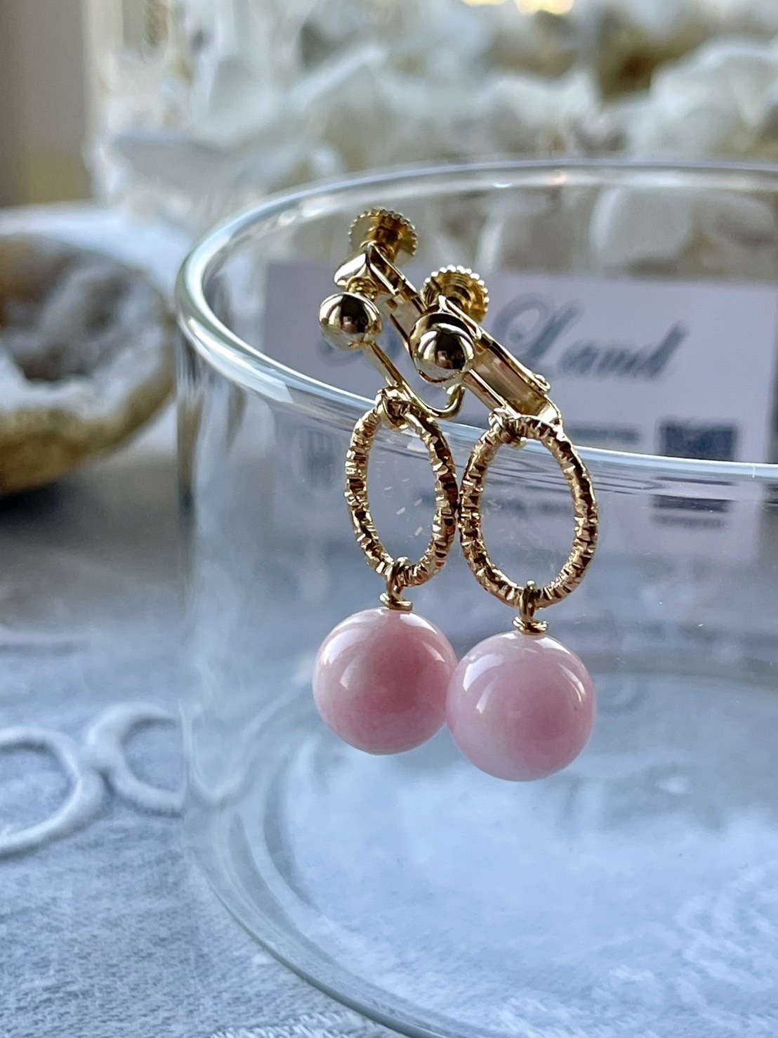 [Big Land] 粉櫻玉石耳環 | 1cm 耳夾 | NO.376