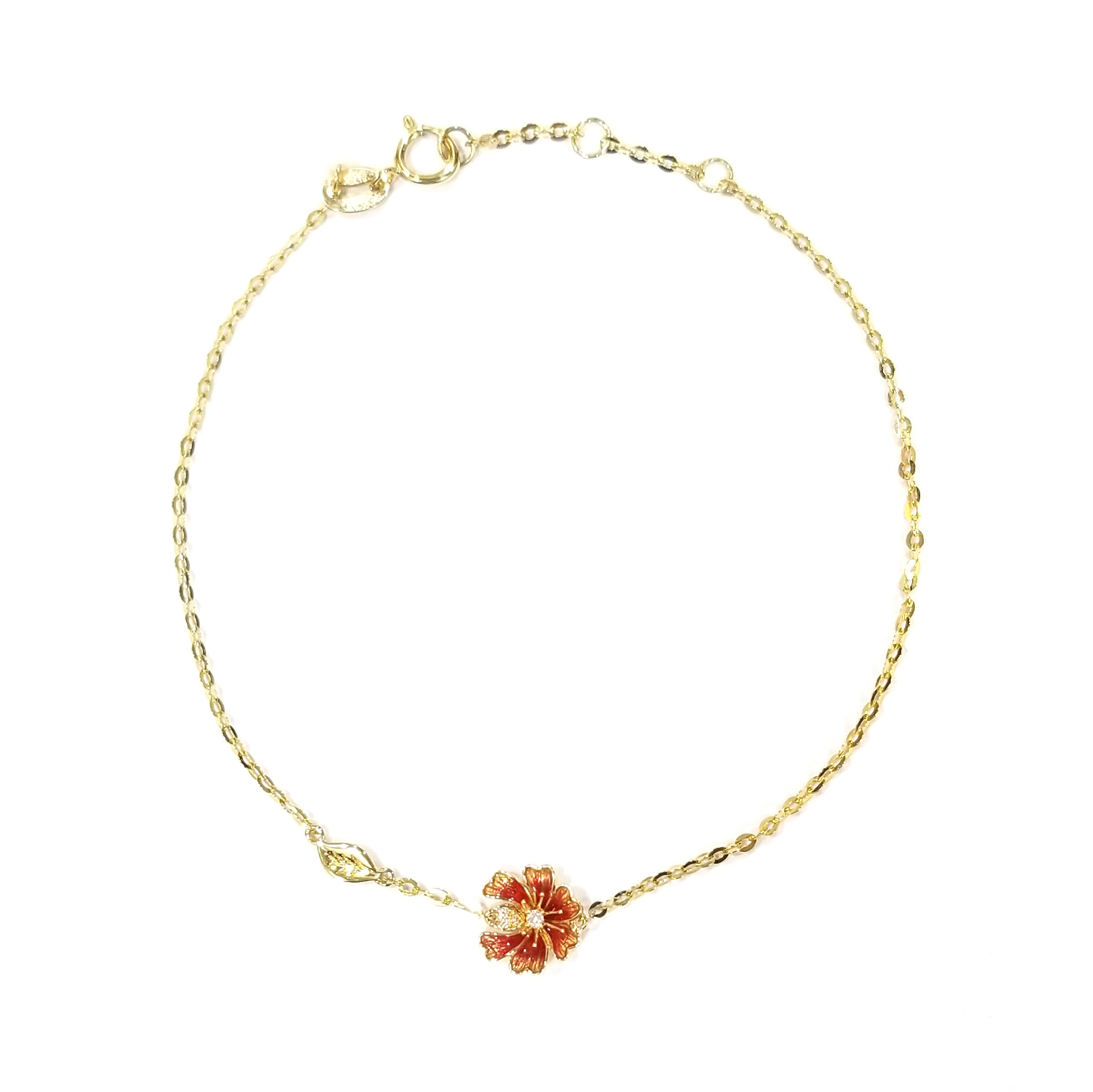 18K黃金天然鑽石紅琺瑯蘭花手鏈