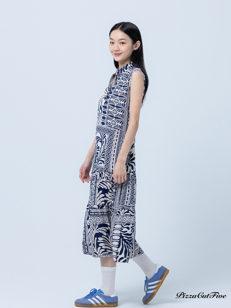 [兩件1580｜涼感洋裝]復古圖騰立領無袖蛋糕洋裝 PizzaCutFive PCF252486053
