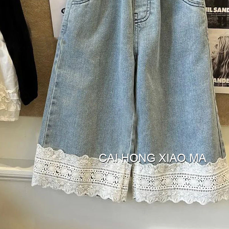版型偏小《1054》韓系花邊女寶牛仔寬褲(90-140)