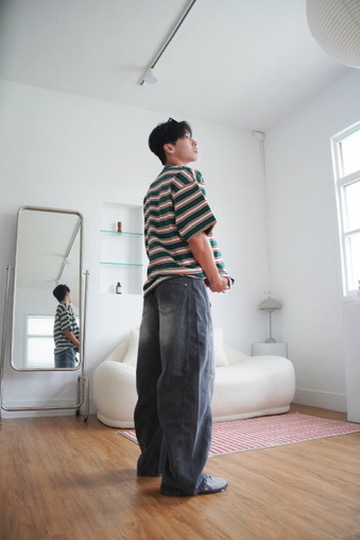 打摺明線水洗灰闊腿褲