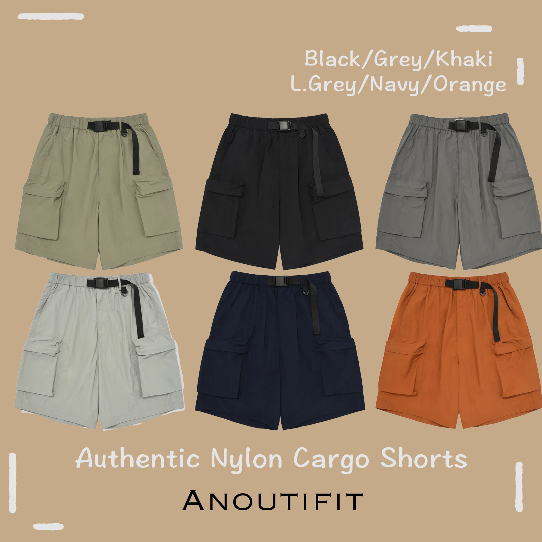 【OWN】Anoutifit 工裝 短褲 尼龍 寬鬆 透氣 舒適 涼感 休閒 褲子 不分男女 黑 淺灰 深灰 綠 橘 深藍