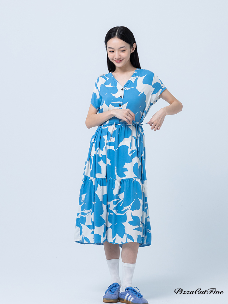 [兩件1580｜涼感洋裝]大花朵短袖綁帶洋裝 PizzaCutFive PCF252485045