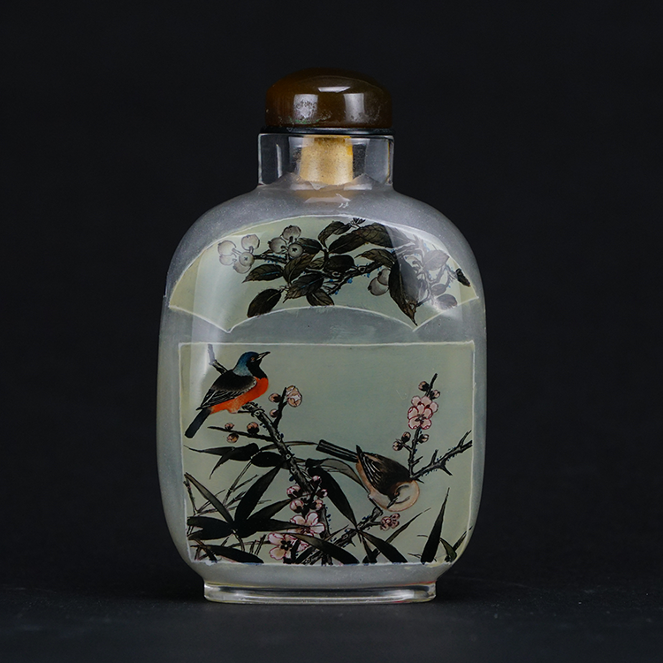 鹿港窯典藏內畫工藝|桃竹梅鳥鼻煙壺 梅竹松鳥融匯堅貞高潔與吉祥長壽