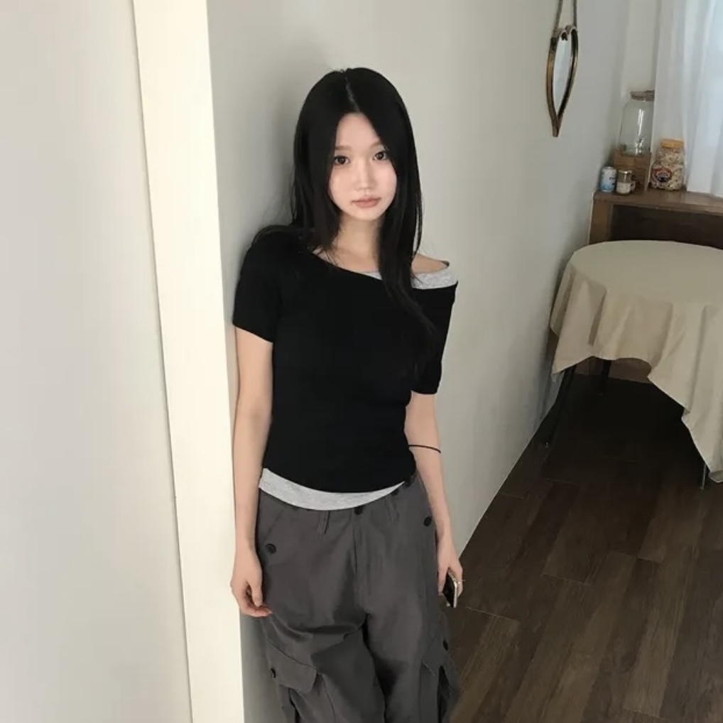 【優惠價現貨】韓國拼色彈性短袖TOP（3色）