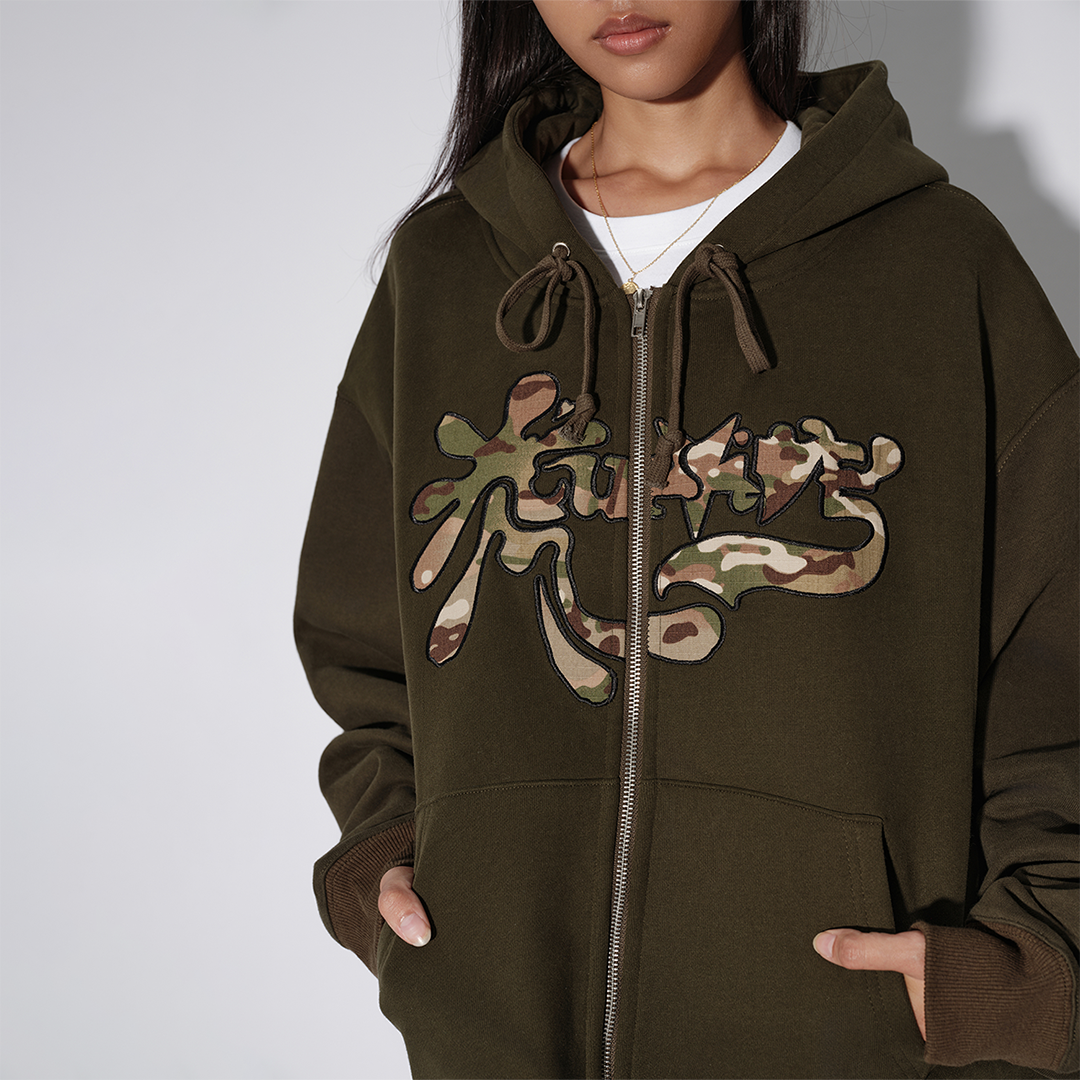 LUSIVE｜塗鴉拼布刺繡拉鍊帽衫 Graffiti Zip Up Hooded (綠色)