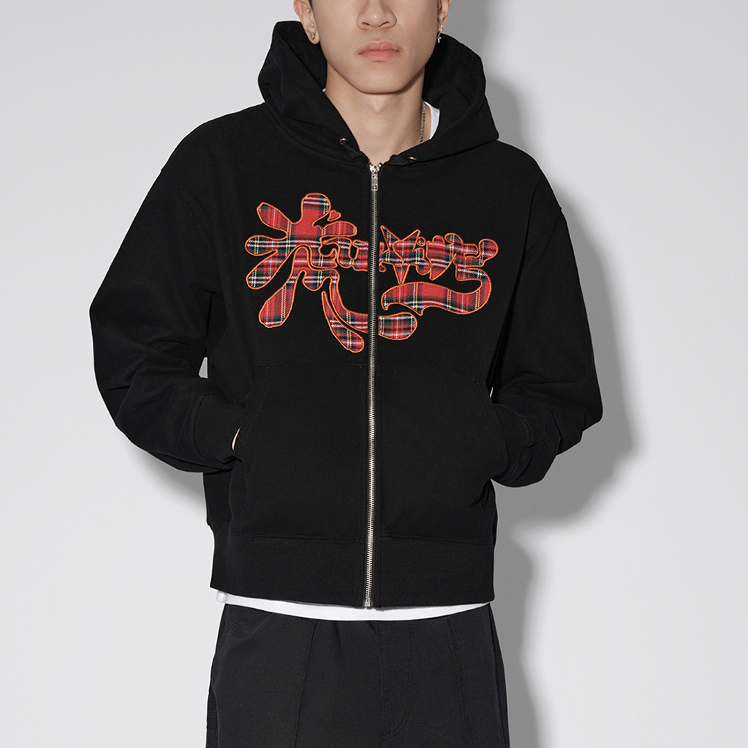 LUSIVE｜塗鴉拼布刺繡拉鍊帽衫 Graffiti Zip Up Hooded (黑色)