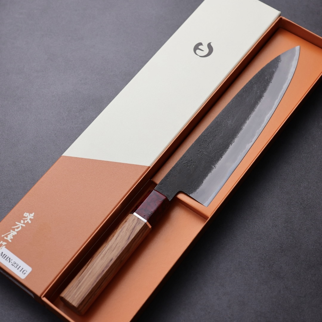 日野浦刃物 味方屋 牛刀 210mm 白紙鋼 黑打梨地