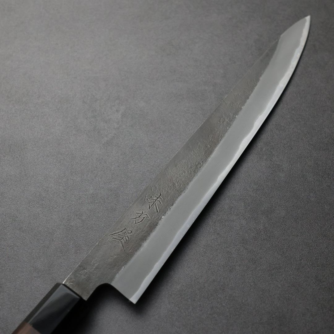 味方屋 日野浦 筋引 白二鋼 黒打ち 梨地 朴八角柄 27cm