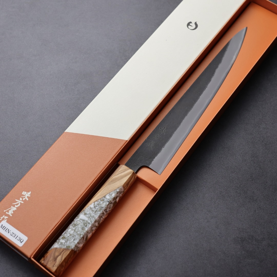 日野浦刃物 味方屋 筋引 240mm 白紙鋼 黑打梨地