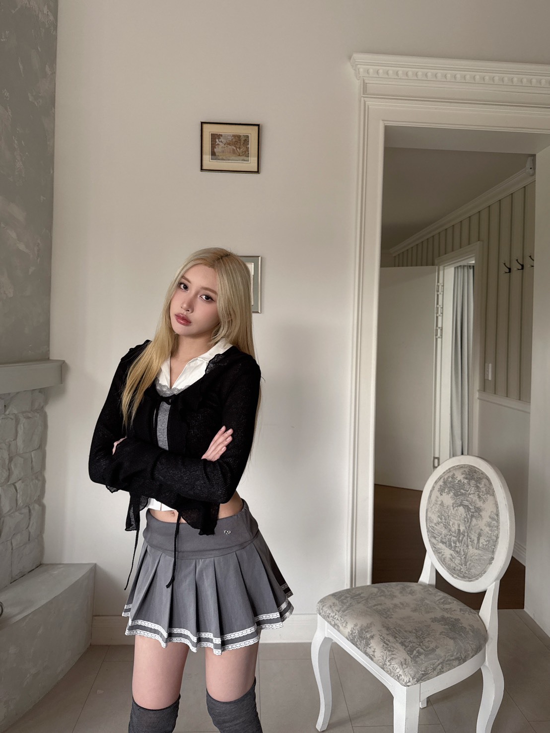 現貨! 9.amez project   Megan lace pleated skirts 蕾絲反折百褶裙(gray)