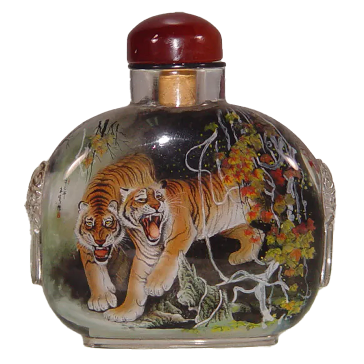 鹿港窯典藏內畫工藝|四虎圖鼻煙壺 威猛四虎象徵力量權威與百邪不侵