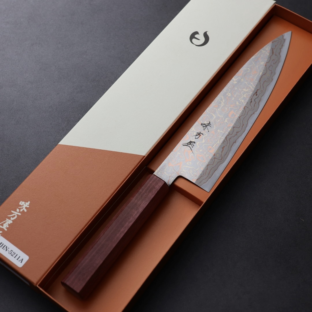 日野浦刃物 味方屋 牛刀 210mm 青紙鋼 有色大馬士革