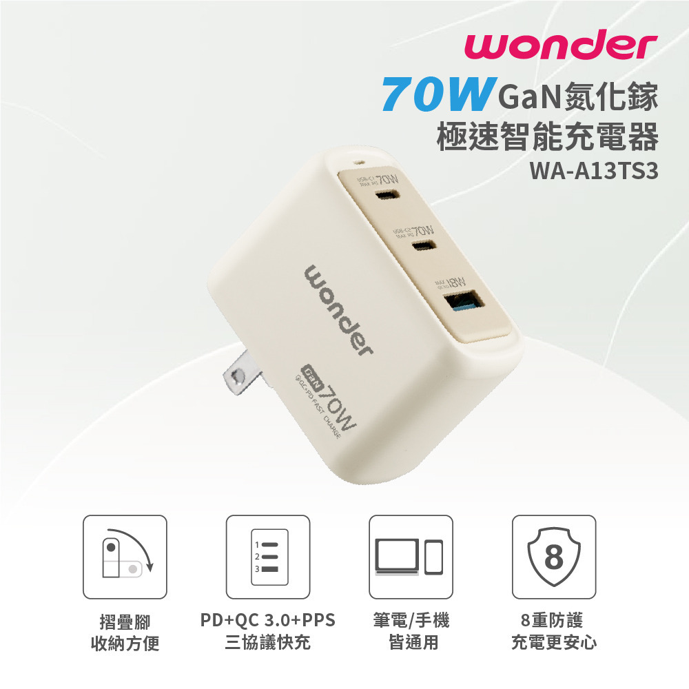 【Widelife】WONDER 70W GaN氮化鎵極速智能充電器│WA-A13TS3