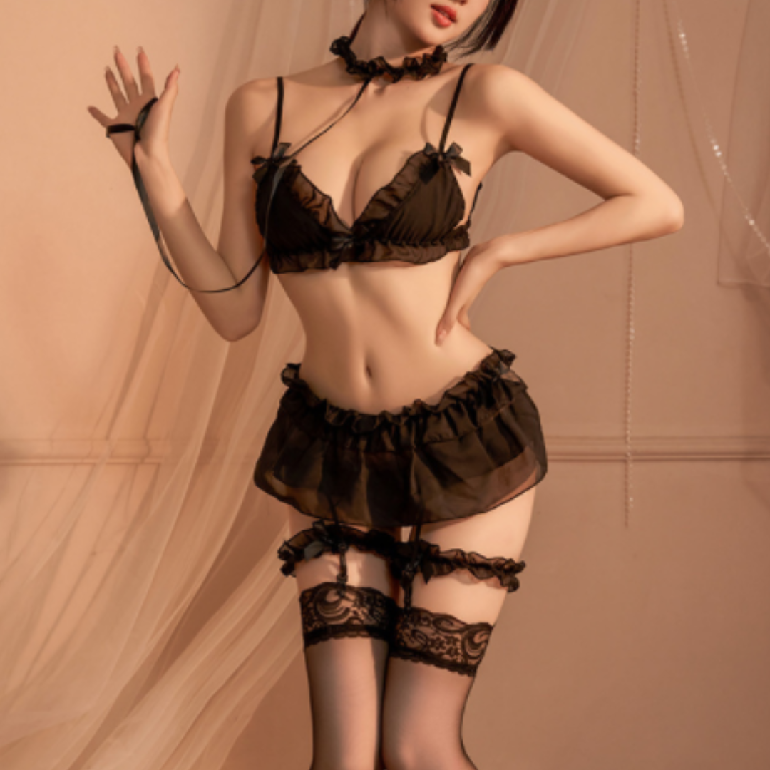 羞恥調教三點式蕾絲套裝 (黑色/白色) JK-6058