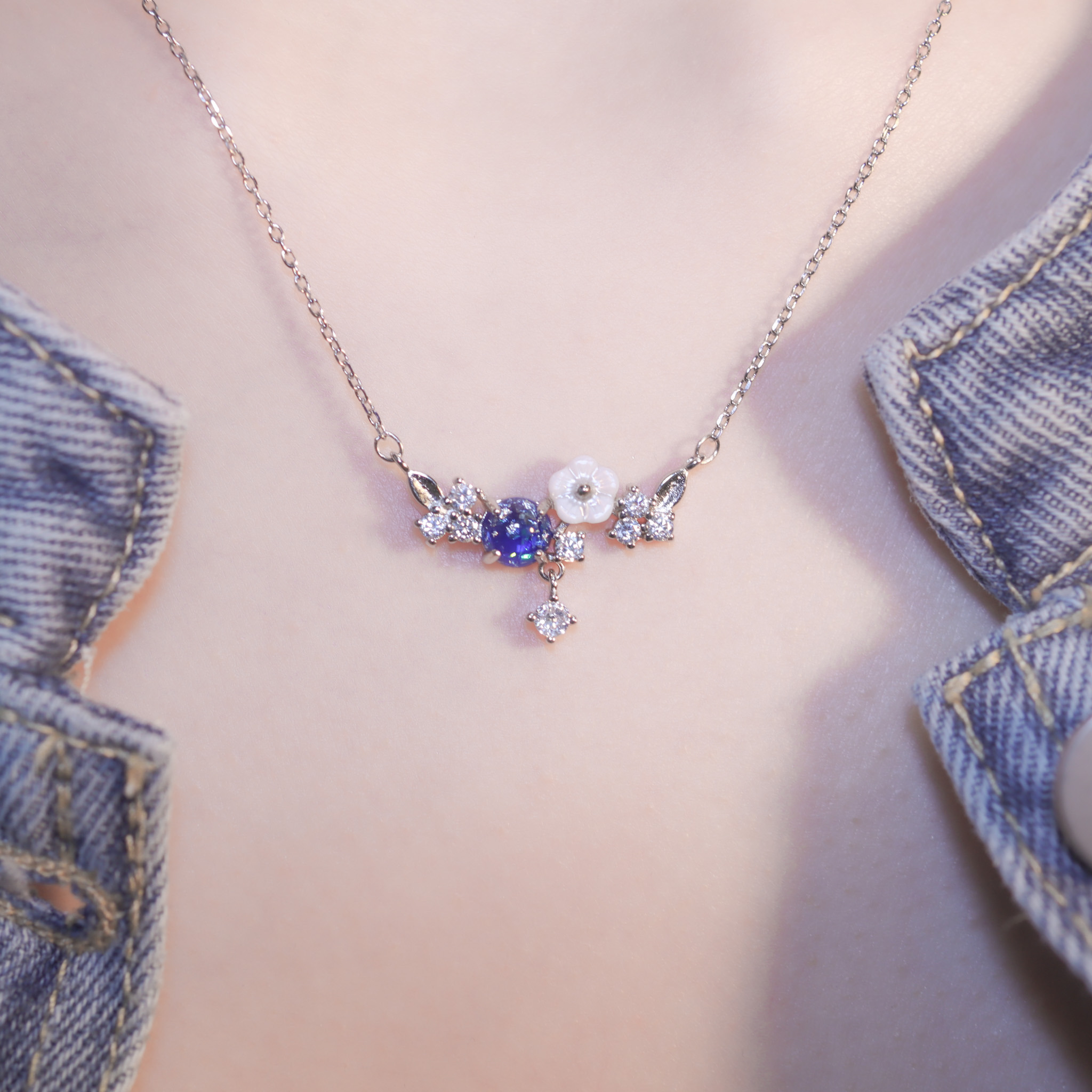 | 925純銀・厚鍍白金・ 琉璃 | 漫藍花彼岸項鍊| NE1365 |