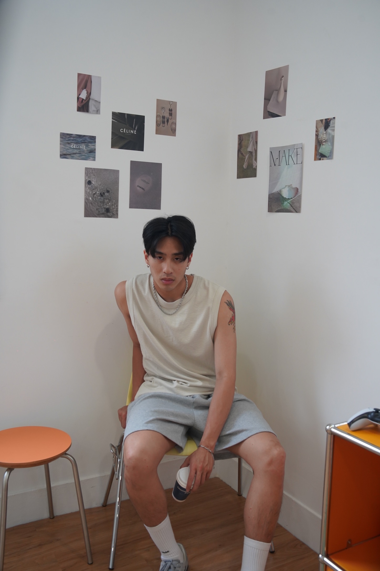 金標刺繡棉短褲 灰