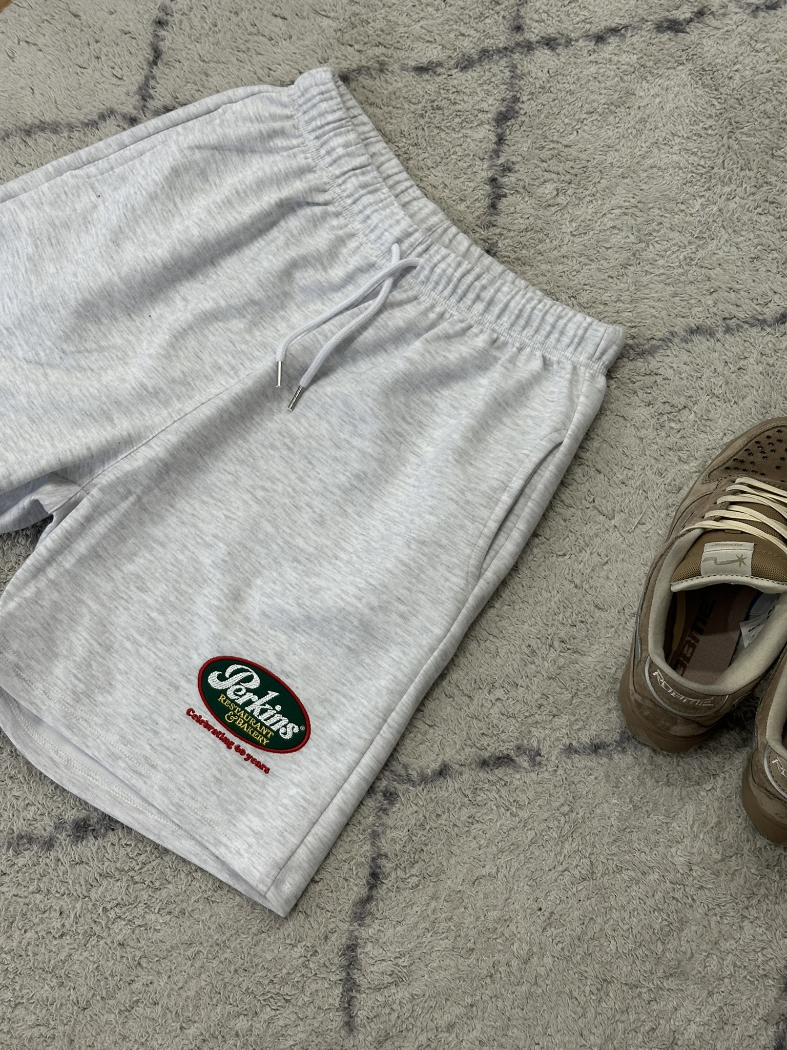 立體刺繡抽繩棉短褲 白