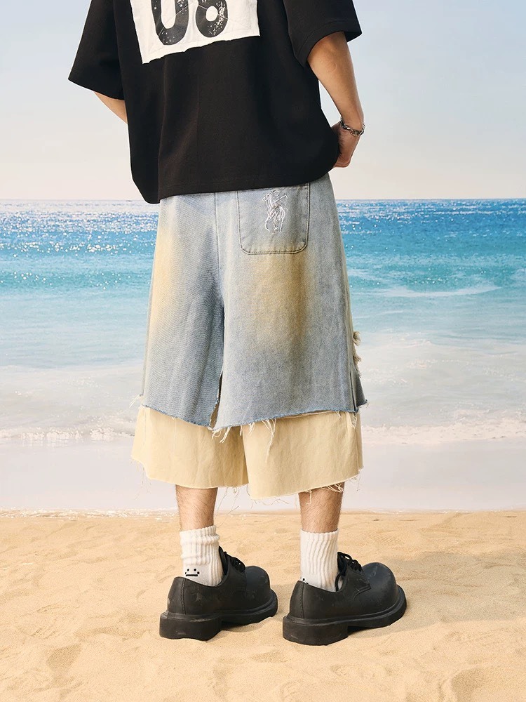 Harsh and Cruel 假兩件 水洗做舊 破壞不修邊 牛仔七分褲 HL251130074