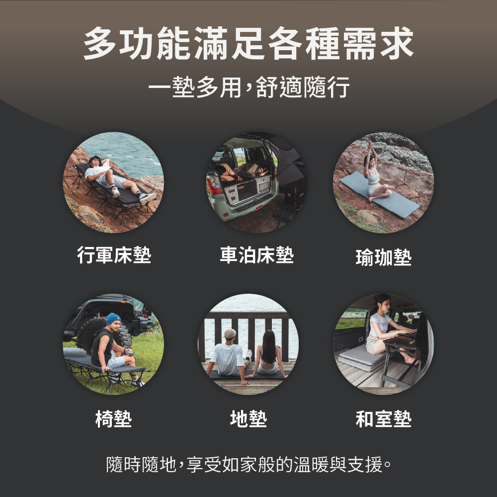 WT戶外床墊適用各種情境,行軍床、車用床墊、瑜伽墊、椅墊、地墊、和式墊