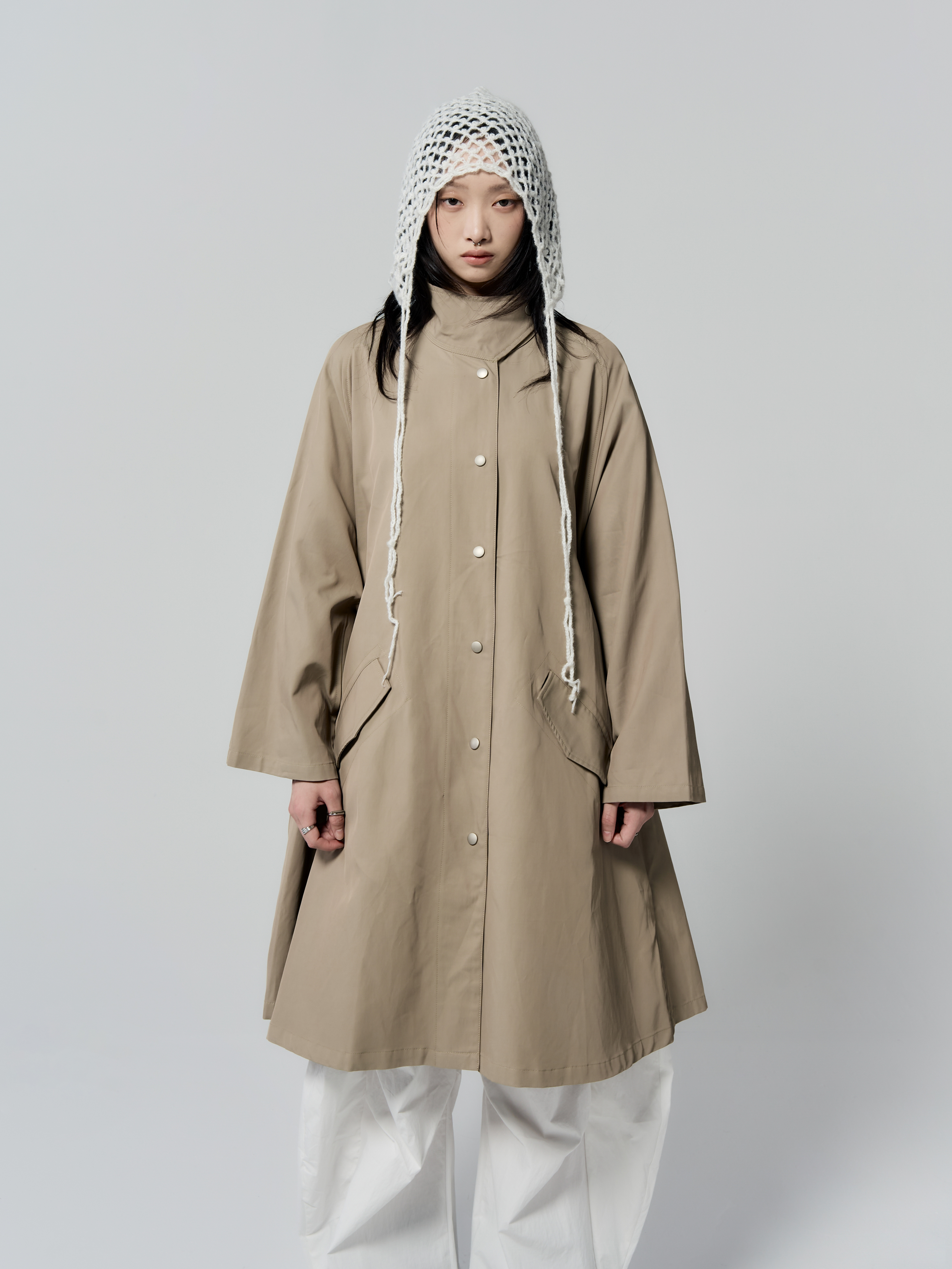 側領廓形風衣外套-卡其