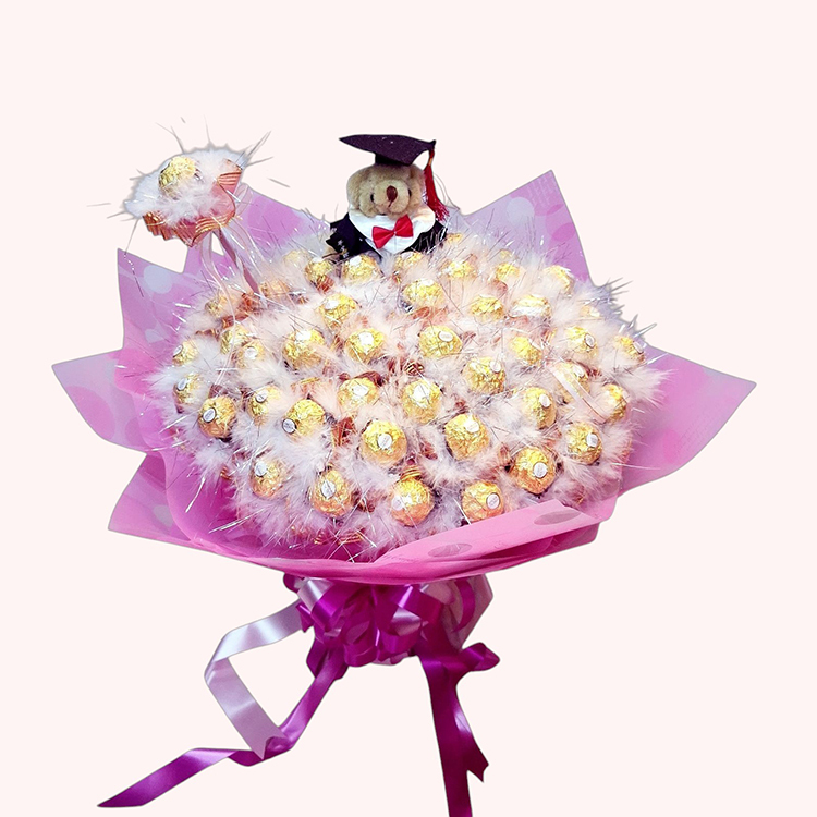 畢業熊羽毛金莎分享花束,feather_Ferrero-Rocher-chocolate-shared-bouquet,可抽取式金莎花束