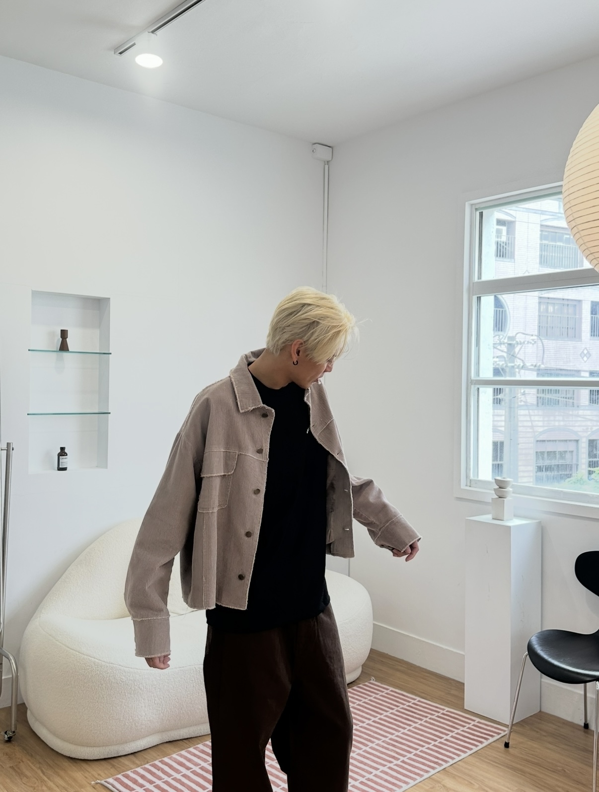 短版燈心絨夾克 灰粉棕