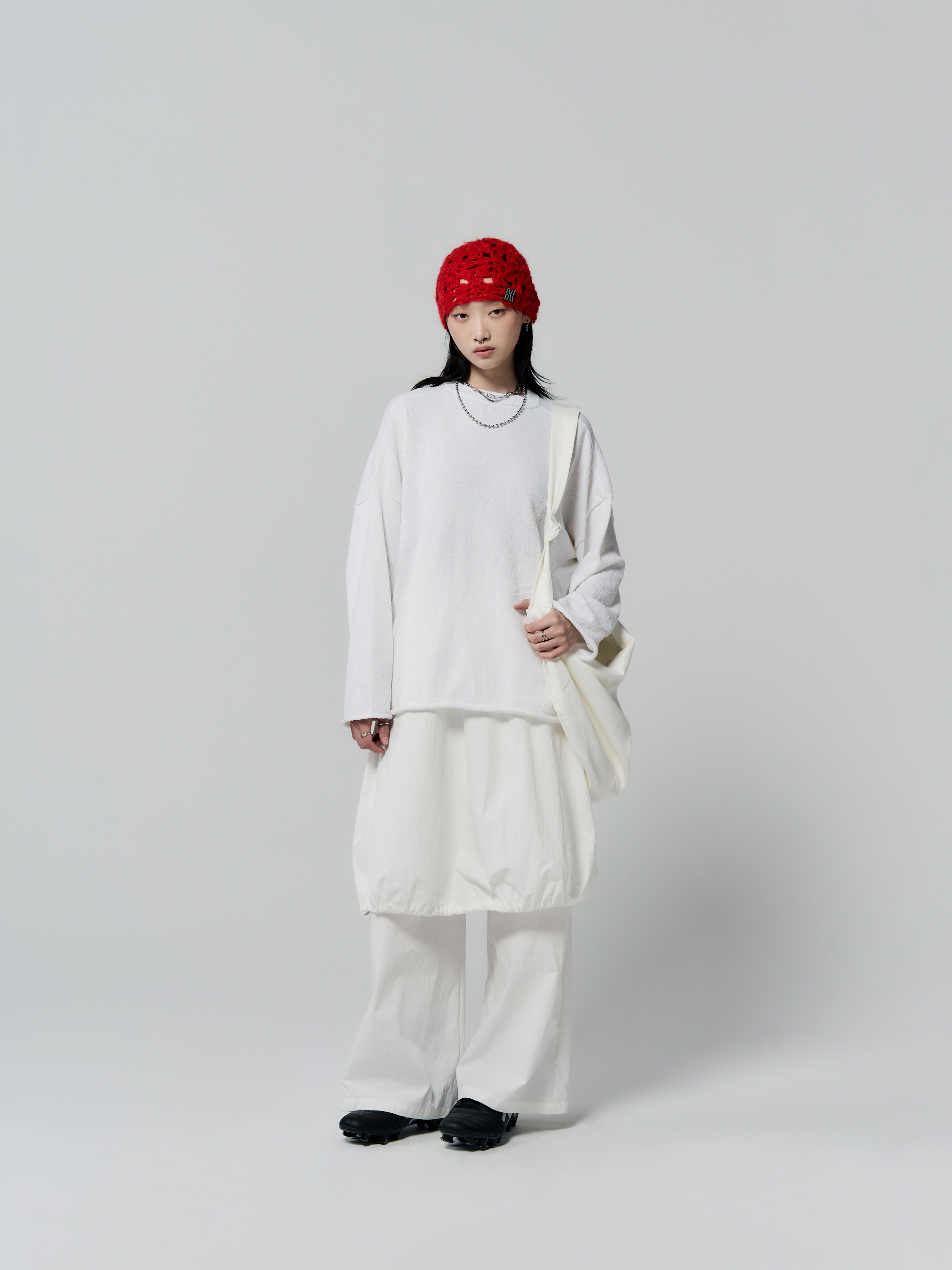 假兩件尼龍純色褲裙-白