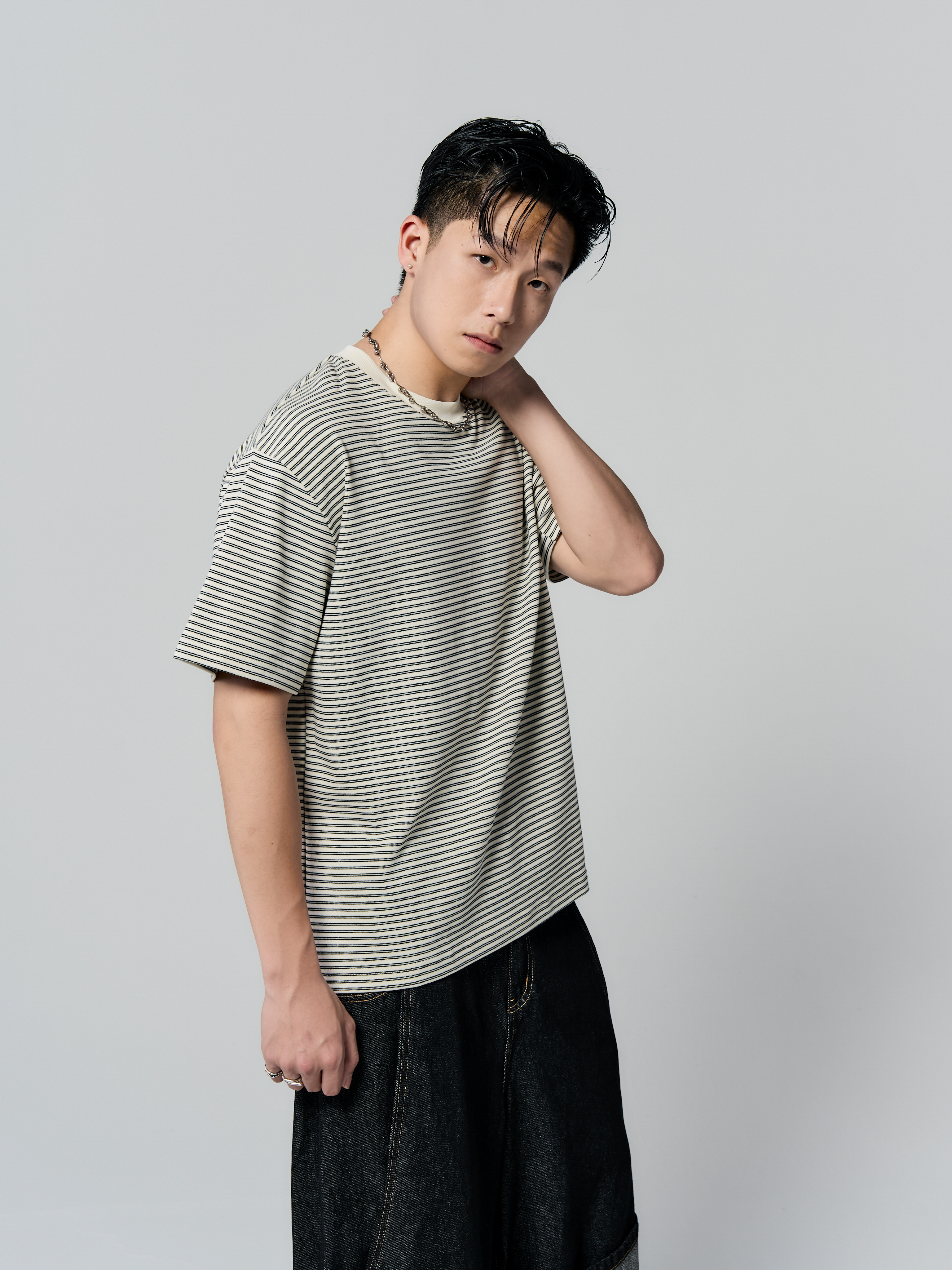 彈力舒棉條紋短袖-白